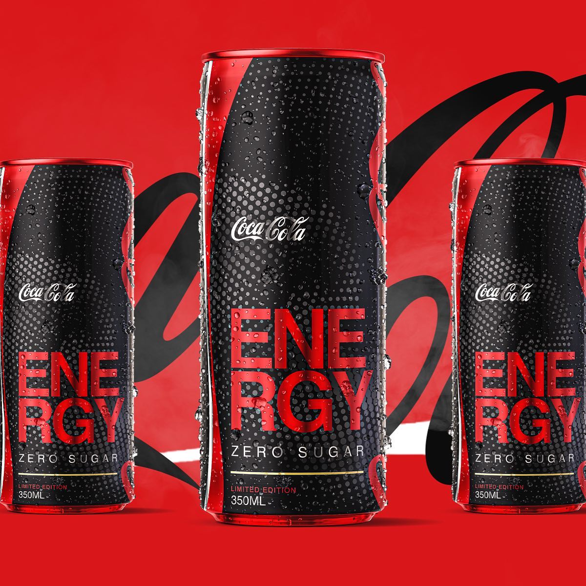 Coca-Cola Energy cans in a red campaign composition