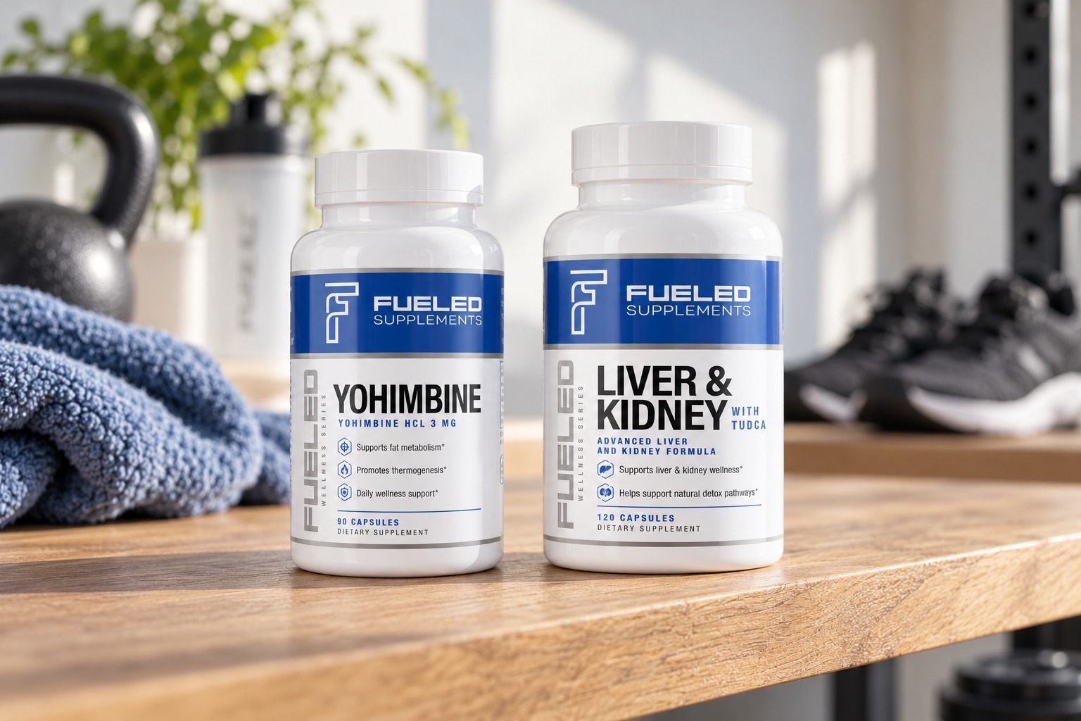 Fueled Supplements Yohimbine and Liver & Kidney on a sunlit gym bench