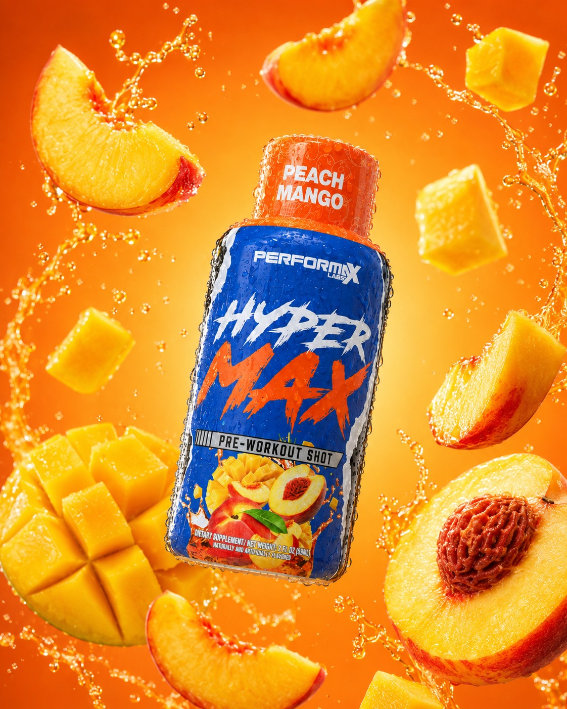 HyperMax pre-workout shot, Peach Mango, with fruit splash