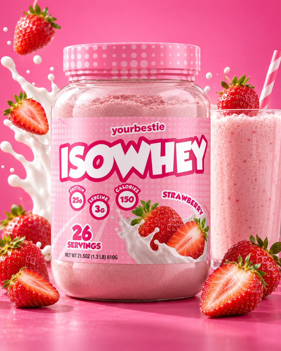YourBestie IsoWhey Strawberry with strawberries and a milkshake