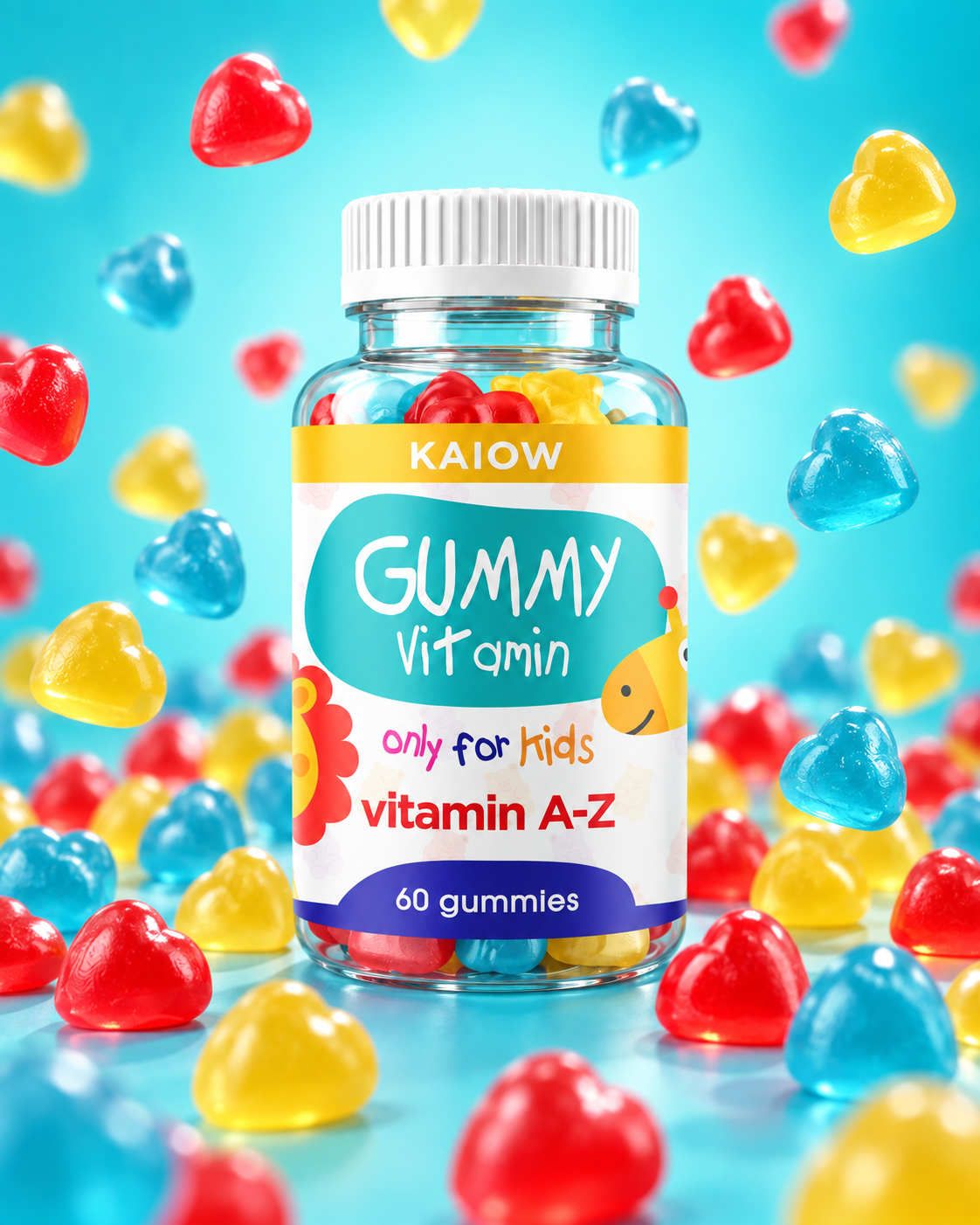 KAIOW Vitamin A–Z surrounded by colorful gummies
