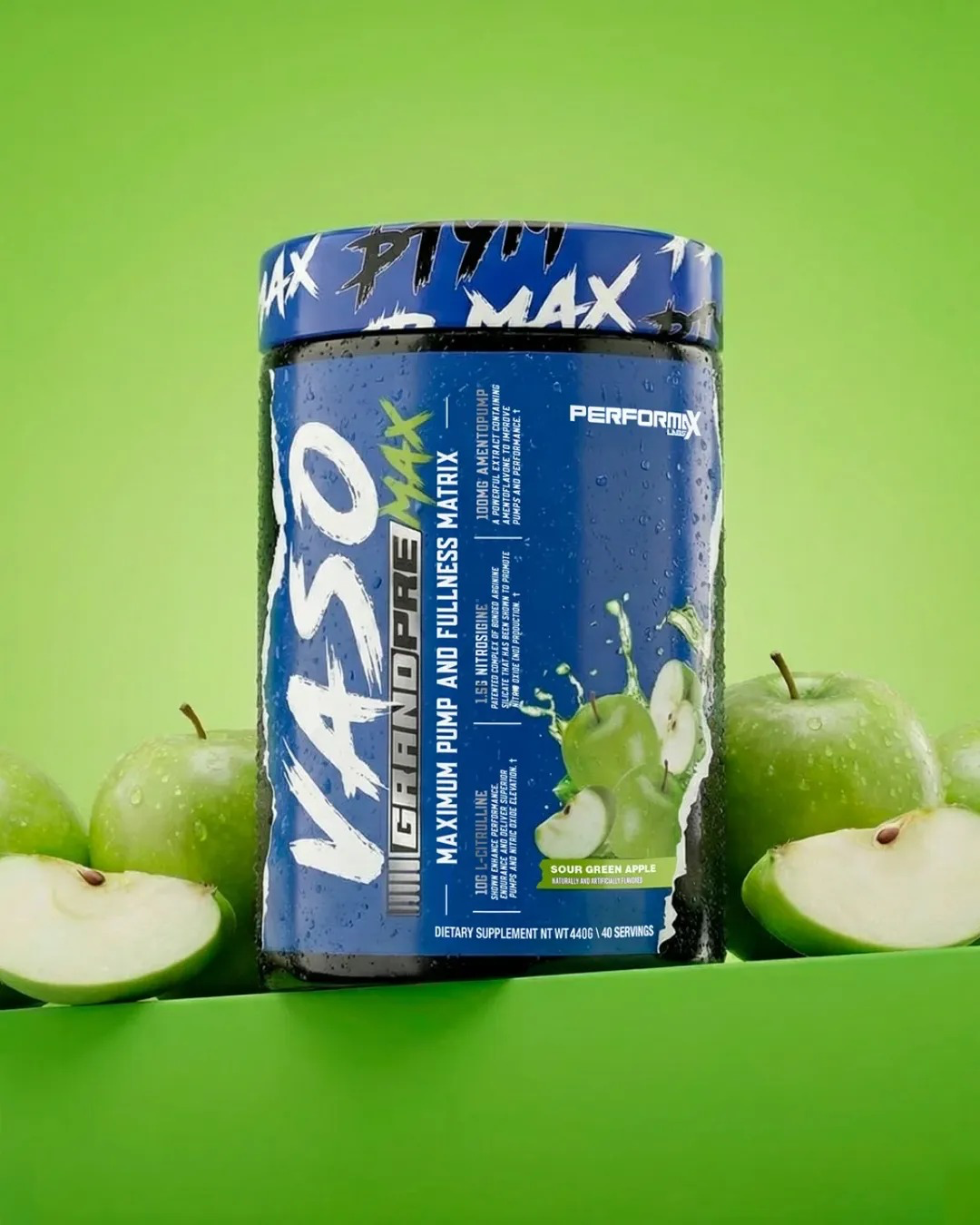 Performax Labs VasoMax Grand Pre Sour Green Apple with fresh green apples