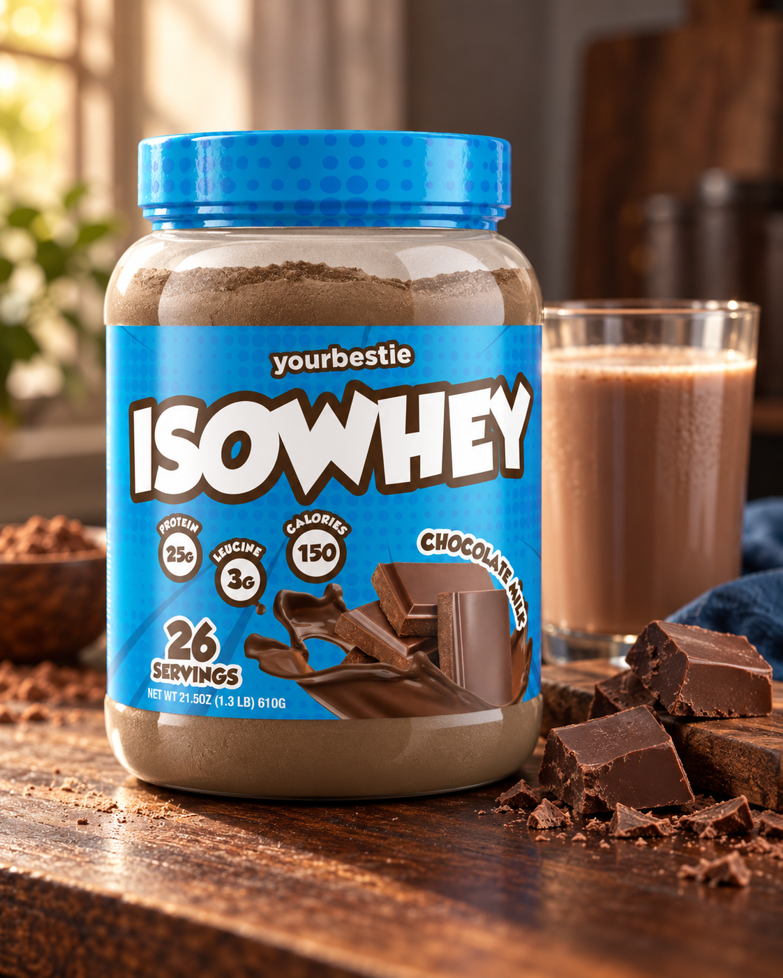 YourBestie IsoWhey Chocolate photographed beside a chocolate shake